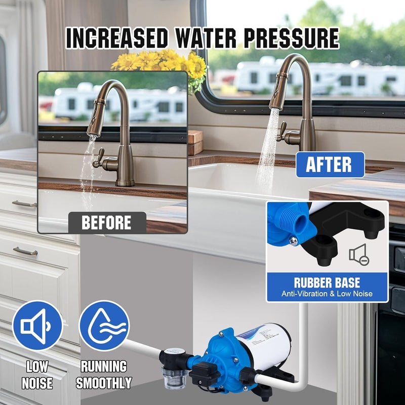 DC HOUSE 110V RV Camper Water Pressure Diaphragm Pump, 4GPM 50PSI 33-Series, On Demand Fresh Water Pump with Pressure Switch for Bathroom Shower Kitchen Sink, Food Truck & Marine Use - Image 3